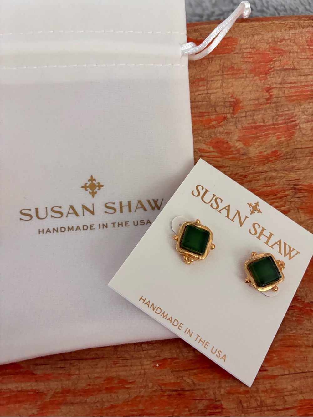 Susan Shaw Charlotte Gold Green Stone Stud Earrings